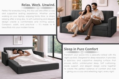 Image of Rosebell Foldable Sofa-Cum-Bed | Three-in-One Sofa Couch with Armrest | Modern Fabric Sofa for Living Room, Bedroom & Office-Black-Color