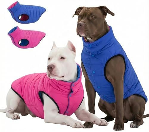 LovinPet Reversible Dog Puffer Coat for Medium & Large Dogs, Down‑Insulated Winter Jacket, Water‑Resistant & Wind‑Resistant, Anti‑Static, Dual-Sided Blue & Red for Cold Weather, 2XL