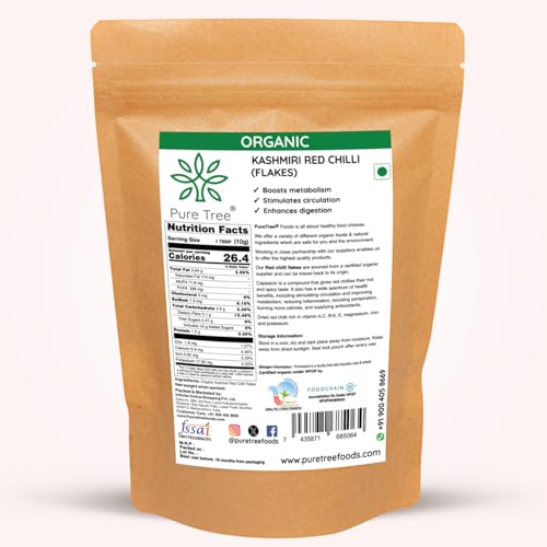 Image of Pure Tree Certified Organic Kashmiri Red Chilli Flakes | 1.8 Kg / 1800 g | Crushed Red Pepper Flakes | Organic Red Pepper Flakes Chili for Seasoning for Pizza & Salad | Dry Kashmiri Red Chilli Flakes
