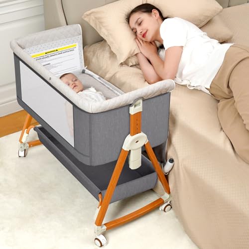 Image of Kiniew 3 in 1 Bassinet Bedside Sleeper, Bedside Crib with Wheels, Mosquito Net, Mattress, 6 Height Adjustable Baby Bed for Infant Newborn (Grey)