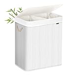 SONGMICS - Laundry Basket with Lid - Bamboo Laundry Basket with 2 Sorting Compartments, Removable Bag, Cotton Handles - Volume 100L, for Laundry Room, Bedroom - White -LCB64WT