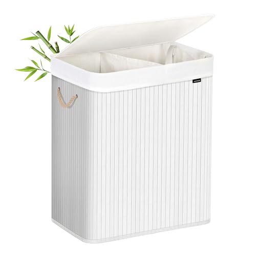 SONGMICS Cesto Ropa Sucia, 100 L, Cesta Colada 2 Clasificaciones, con Tapa, Bambú, con Asas, Plegable, Bolsa Interior Extraíble y Lavable a Máquina, para Lavandería, Dormitorio, Blanco LCB64WT