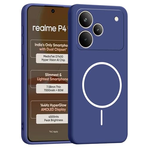 Image of amazon basics Back Cover for Realme P4 5G | Ultra Slim Soft Rubberised Case | Magsafe Logo Printed (Not Magsafe Compatible) | Camera Protection - Blue