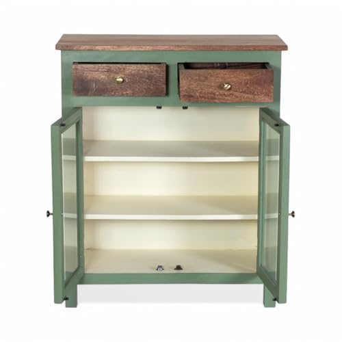 Image of Solid Wood Madrid 2 Drawers Crockery Unit | Sideboard Cabinet | Glass Door Cabinet | Finish - Premium Olive Green & Off White