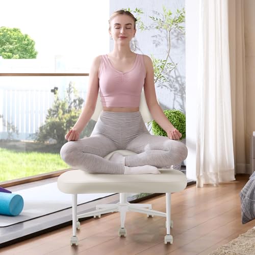 Image of Pinmoco Cross Legged Office Chair with Wheels, Meditation Chair, ADHD Chair for Adults, Wider Height Adjustable Backrest and Seat, Yoga Office Chair, PU Leather, Beige
