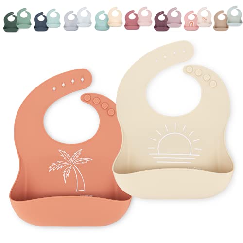 Ava + Oliver Silicone Bib Set - Adjustable Catch All Waterproof Bibs - Set of 2, Peach/Sand, 6 Months - 3 Years