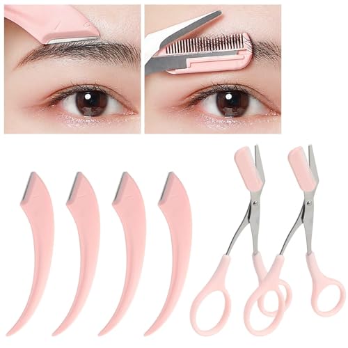 6 Pcs Eyebrow Trimmer Scissors with Comb, Curved Eye Brow Razor, Non-Slip Stainless Steel Facial Hair Removal Grooming, Brow Shaping Beard Shaving Kit Beauty Accessories for Women Men