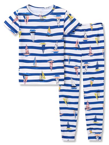 Tebbis Little Boys Pajamas - Soft Snug-fit PJs Tee & Pants Set Blue Stripes Sailboats Toddler Jammies Size 10