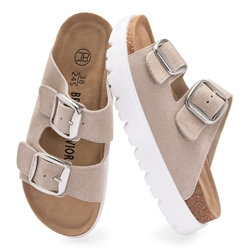 Women's Platform Sandals Suede Sandals with Adjustable Buckle Comfy Open-Toe Summer Slides for Indoor Outdoor Use, Non-Slip