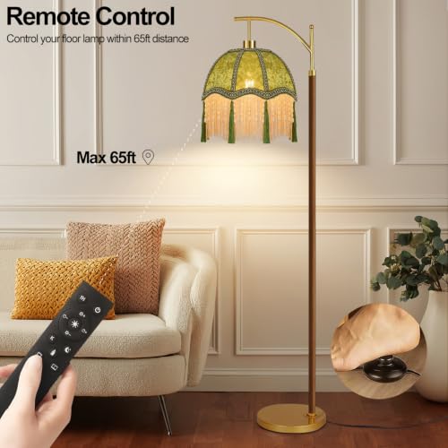 Image of Wood Floor Lamps for Living Room Arc Boho Floor Lamp with Remote Control &3 Color Temperature,Vintage Green Floor Lamp Flower Mid Century Modern Standing Lamp Fringe Tall Floor Lamp for Bedroom Corner