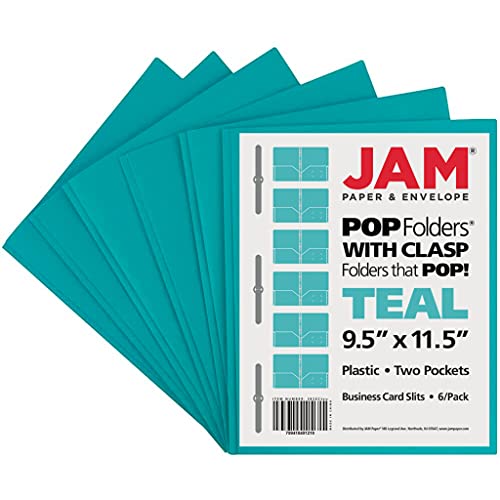 Jam Paper Plastic Color Pop Folders - 2 Pocket Durable Folders With Metal Prongs Fastener Clasps - Teal Blue - 6/Pack #TOP5