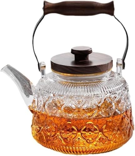 Zxyler 耐熱ガラス ティーポット 茶こし付き ガラス急須 木製ハンドル 紅茶ポット ジャンピング対応 フルーツティー 花茶 工芸茶対応 電子レンジ対応 おしゃれ ティーサーバー (とうめいしょく)