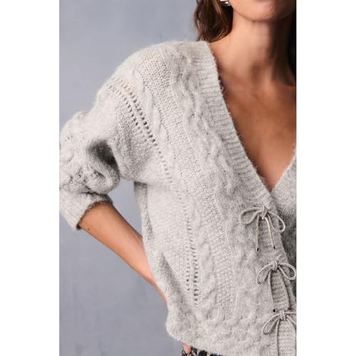 Women Y2K Solid Color Knit Cardigan Long Sleeve V Neck Bow Button Open Front Sweater Top Vintage Going Out Knitwear4