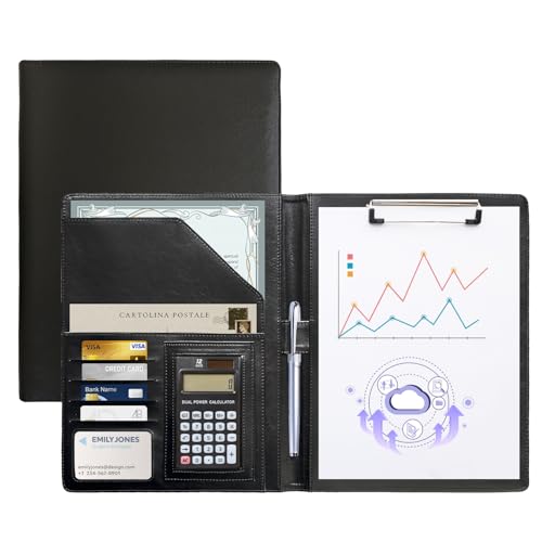 KMAKII Portfolio Folder with Calculator Faux Leather Padfolio with A4 Size Clipboard for Business Interview and Resume - Black