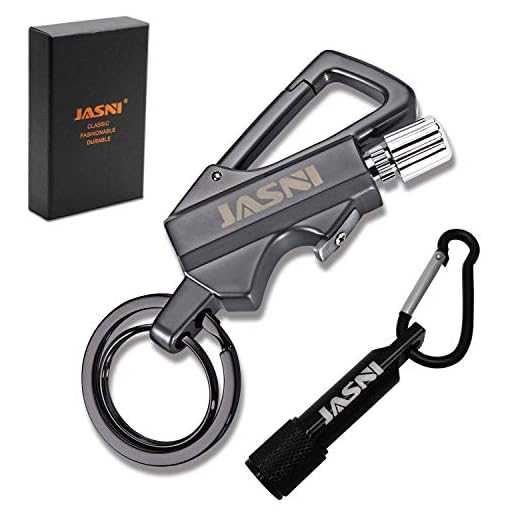 Jasni Keychain Multitool with Flint Metal Matchstick Fire Starter Bottle Opener Mountaineering Buckle Mini Flashlight,Car Key Rings, Kerosene Refillable Lighter EDC Thanksgiving Gift Ideas Emergency