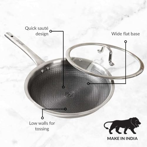 Image of Nestasia Triply Stainless Steel Honeycomb Fry Pan with Glass Lid 26 cm (2L) - Non Stick Frying Pan with Air Vent Lid for Healthy Cooking | Induction & Gas Stove Friendly, Even Heating, Less Oil Use