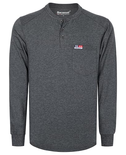 Image of BOCOMAL FR Shirts for Men Long Sleeve EX Soft Flame Resistant Henley CAT2 | NFPA2112 6oz Midweight Cotton Knit Heather Series,Moisture-Wicking /Breathable,Chest Pocket,Rib-Knit Cuffs,Summer Work T Shirt