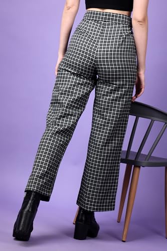 Image of POPWINGS Casual Check Print Button and Zip Closure Trouser for Women | Western Wide-Leg Trouser for Women | Summer Trousers for Women | Comfortable Semi-Formal Work Trouser for Women