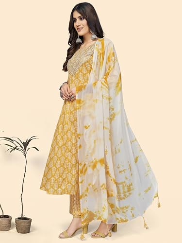 Image of Vbuyz Women's Cotton Printed A-Line Regular Fit Kurta Pant with Dupatta