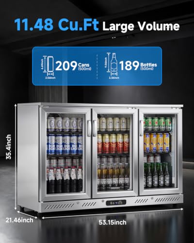 Image of BODEGA 53 inch W Back Bar Cooler Stainless Steel Counter Height Beverage Fridge, 11.4 Cu.Ft Commercial Beer Fridge, 3 Glass Door Display Drink Cooler with LED Light for Bar Pub Night Club