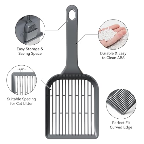 Booche Large Cat Litter Scoop, fits All Boxes, Fast sifting for Kitten Poop, Reduces Hand Fatigue, Saves Litter, speeds scooping. Includes Holder.