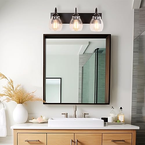 Image of ALICE HOUSE 20.5 inch Farmhouse Vanity Lights, Brown Finish Bathroom Lights for Mirror, 3 Light Wall Lighting with Seeded Glasses, ETL Listed, AL9081-W3A