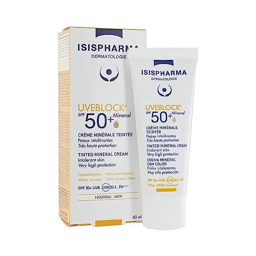 ISISPHARMA UVEBLOCK SPF 50+ Minérale Crème Teintée - Très Haute Protection Solaire 100% Minérale - Peaux Sensibles - Résistant à l’eau - Sans traces - Fabriqué en France
