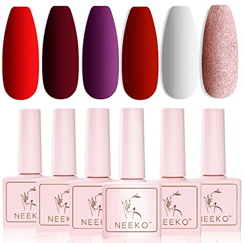 NEEKO UV Gel Nagellack Set Rot Pink, Dunkelviolett Nagelgel UV Farbgel Set, Soak Off LED Gel Nägel Farben Nail Polish DIY Gellack für Nagel-Design Weihnachten Neujahr 6PCS Kit Cover