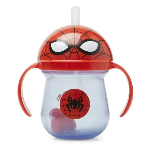 The First Years Spidey and his Amazing Friends Weighted Straw Cup - Spill-Proof Spider-Man Toddler Cup with Flip-Top Cover - Dishwasher Safe - 7 Oz - Ages 6 Months and Up