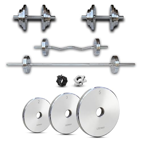 Image of Leeway Steel Home Gym Set 40kg | 3Ft Curl Rod + 5Ft Barbell Set (28mm) | Dumbbell Rods + Chrome Plated Steel Weight Plates | Dumbbell Plate | Gym Equipment for Home Workout (Chrome, 40kg Set (2X4+3X4+5X4))
