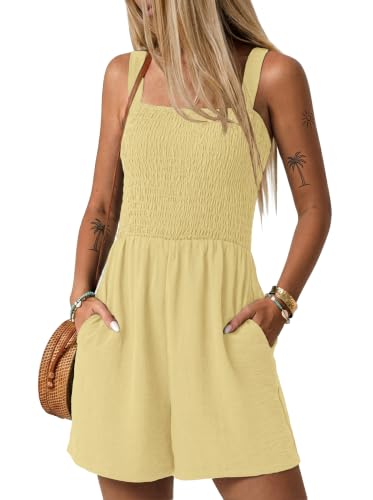 Image of Womens Rompers for Summer Casual Smocked Jumpers Overalls Square Neck Jumpsuits with Pockets Beach Vacation