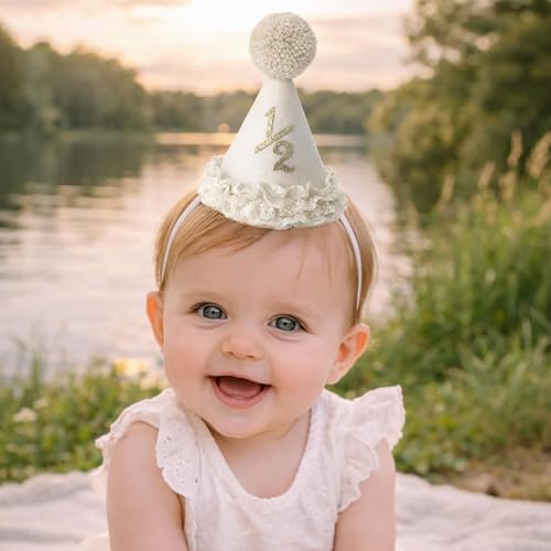 Image of piercing Half Birthday Decoration for kids, 1 /2 Birthday Decorations for kids, Half Way to One Decoration, Half Birthday Cap, Adorable Party Hat Milestone, Great for Photo Shoots