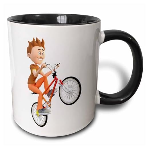 3dRose Cartoon Boy Riding Bike Doing Wheelie 11oz Two-Tone Black Mug