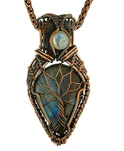 Natural Labradorite Moonstone Tree of Life Pendant Necklace 20 Inch – Handmade Copper Wire Wrapped Healing Positive Energy Crystal Jewelry for all