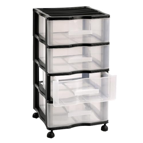 Cajonera plastica con 4 cajones y ruedas Carro de oficina, Peluqueria, hogar, escuela, Gavetas de Almacenamiento Extraibles, Organizador (Negro 4 Cajones)