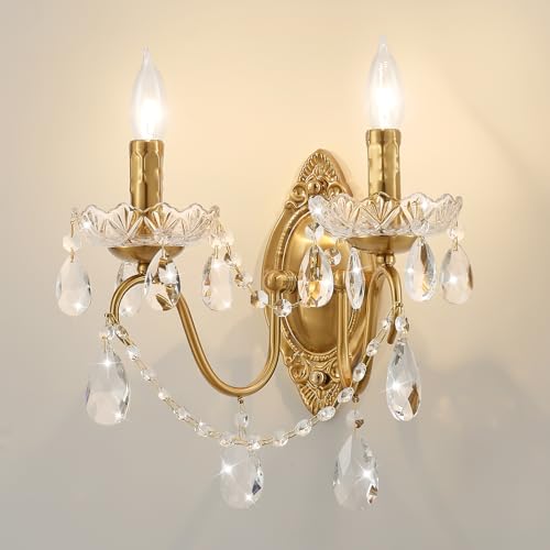 Image of Crystal Wall Sconce Set of 2, Crystal wall sconces, Vintage wall sconces, Gold Brass Finish with Glass Drops, for Bedroom Living Room Bathroom Vanity Mirror Light Fixtures