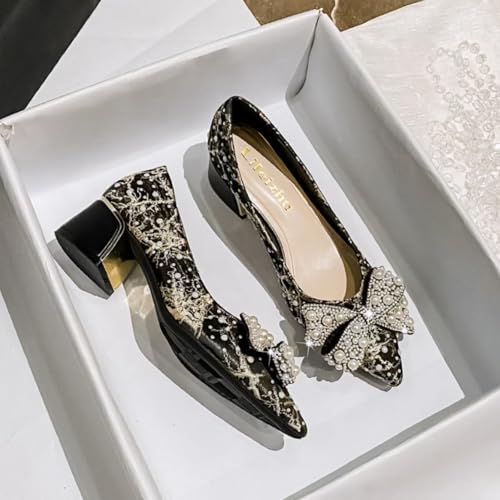 Womens Pearl Rhinestone Low Chunky Heels Slip On Pumps Shiny Pointed Toe Wedding Dress Shoes for Party Wedding Dating3