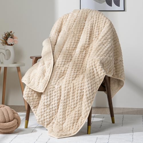 Wemore Fleece Weighted Blanket for Adults (60" x 80" 15lbs, Khaki), Dual Sided Cozy Soft Sherpa Heavy Blanket, 3D Imitation Turtle Shell Warm Jacquard Flannel Weighted Blankets for Couch and Bed