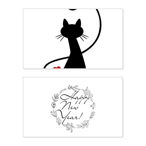 Tarjeta conmemorativa de año nuevo Meow con silueta de gato y corazón para amantes de felinos