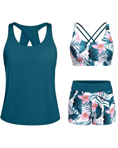 Image of Tempt Me 3 Piece Tankini Swimsuits for Women Athletic Bathing Suits Swim Tank Top with Boy Shorts and Bra Modest Swimwear