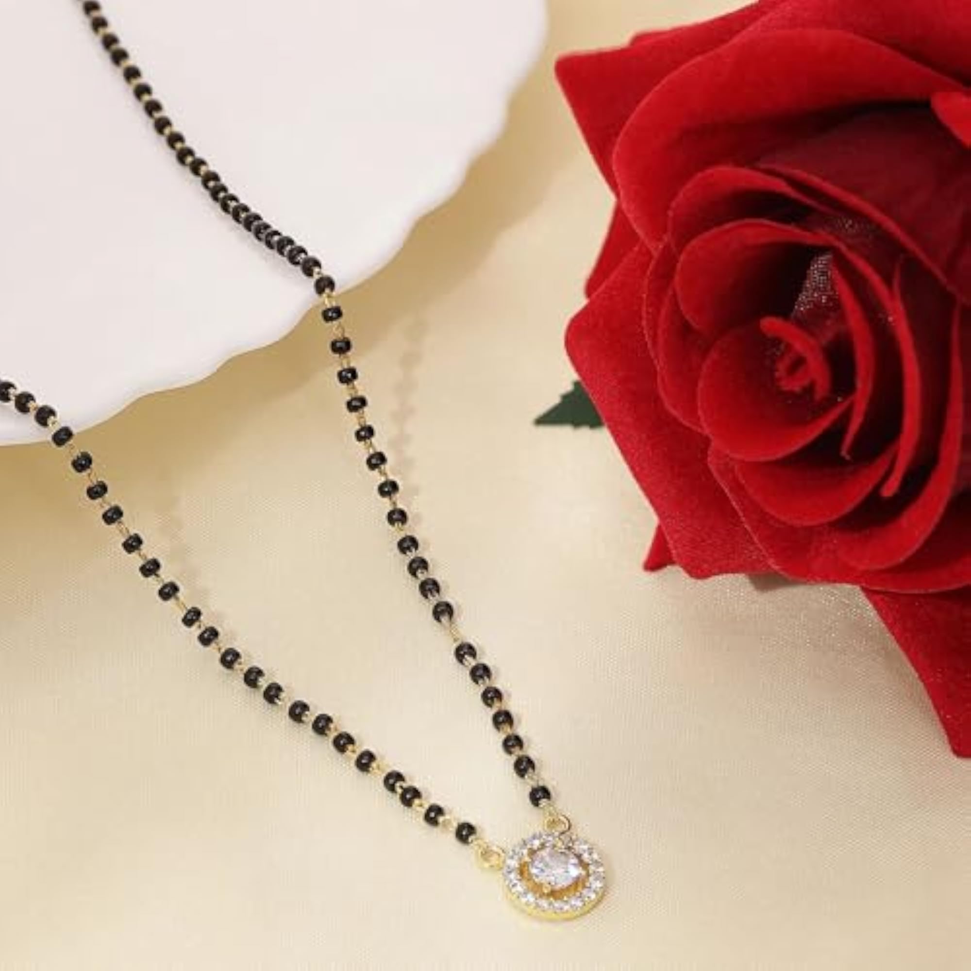 Women's Gold-Plated Round White CZ Studded Silver Mangalsutra, Gift for Her