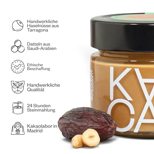 Kaicao Haselnuss-Dattel-Creme – Ohne Raffinierten Zucker, 100% Natürlich, Vegan, Glutenfrei – Geröstete Haselnüsse aus Nordspanien und Deglet Noor Datteln – 250g
