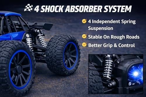 Image of TEC TAVAKKAL Premium RC Metal Off-Road Car with Mist Spray | Rechargeable 2WD | 20 km /h Speed | Type-C Charging | Gun Remote | 150+ Feet Range (Blue)