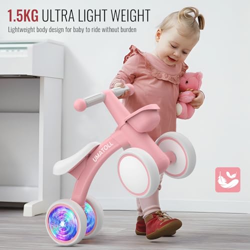 Image of Umatoll Colorful Lighting Baby Balance Bike Toys for 1 Year Old Girl Gifts, Adjustable Seat, First Birthday Gifts, 12-24 Months Toddler Bike, Pink