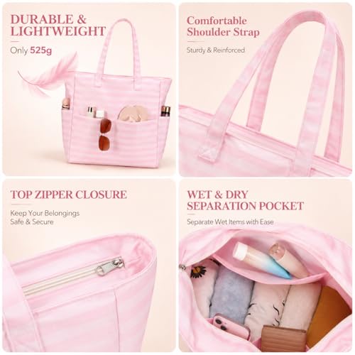 Image of LEDAOU Large Beach Bag Women Waterproof Sandproof Zipper Beach Tote Pool Bag for Swim Gym Grocery Travel with Wet Pocket