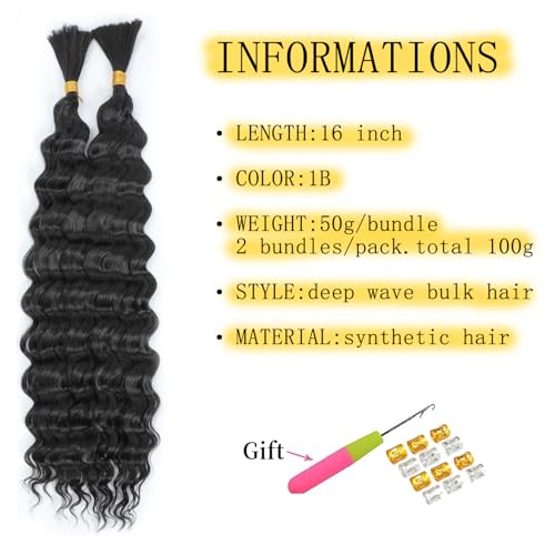 TAOYEMY Deep Wave Bulk Braiding Hair 100g (1 Pack-2 Bundles) No Weft Boho Braids Wet and Wavy Synthetic Hair Extension (1B - Image 2