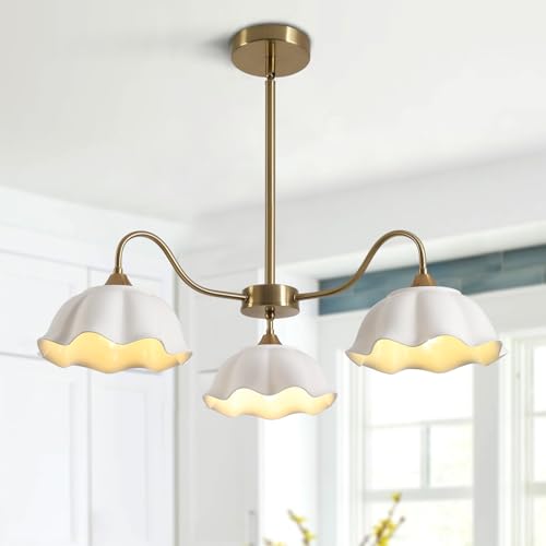 Image of Semi Flush Mount Chandelier Mid Century Modern Sputnik Chandelier with White Ceramic Shade 3-Light Gold Brass Chandelier Living Room Ceramic Ceiling Light