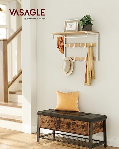 VASAGLE Wall-Mounted Coat Rack, Wall Shelf with 10 Removable Hooks, Clothes Rail, Coat Hooks with Shelf, for Entryway, Bedroom, Bathroom, Oak Colour and White LCR101W09