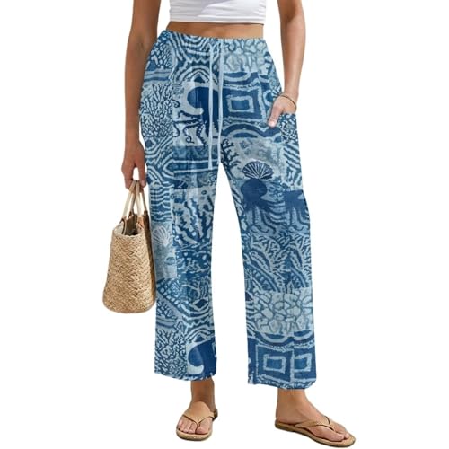 Frestree Blue Ocean Creature Women Linen Palazzo Pants Comfy Breathable