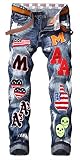 Enrica Men's Casual Straight Slim Paint Printed Jeans with Patches, Blue896, 38
